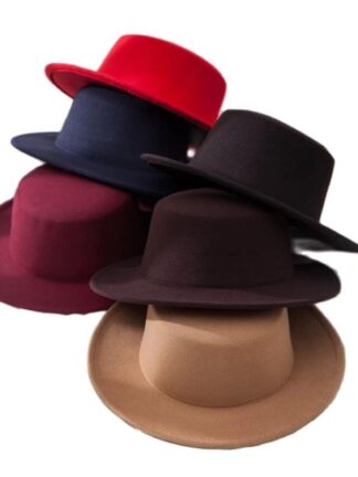 Купить Wide Brim Hats Classic Solid Color Felt Fedoras For Men Women Artificial Wool Blend Jazz Cap Simple Flat Top Hat