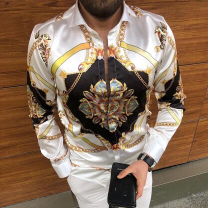 Купить men shirts retro printing blouse black white with long sleeve Digital Printed plus size button down top Casual Homme Bohemian Tops