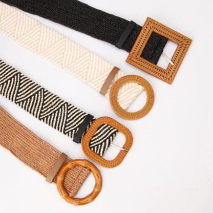 Купить Belts KP Women's Imitation Grass Belt Simple And Versatile Round Buckle Cotton Linen Stretch Woven Elastic Dress Decorative