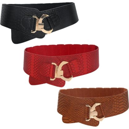 Купить Belts Lady Women Elastic Waistband Wide Waist Belt Retro Metal Buckle Faux Leather Black Red Brown Cinturones Para Mujer