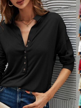 Купить Designer Women's Clothes Long Sleeve T-shirt Solid Color Rib Fabric V-neck Buttons Women's Office Top 2022 Spring New