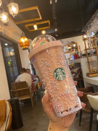 Купить DHL 450ML Cute Rainbow Starbucks Cup Double Plastic with Straws PET Material for Kids Adult Girlfirend for Gift Products