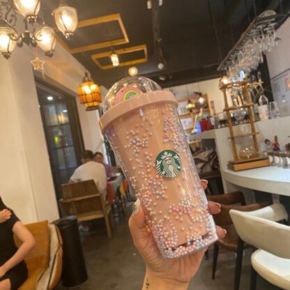 Купить DHL 450ML Cute Rainbow Starbucks Cup Double Plastic with Straws PET Material for Kids Adult Girlfirend for Gift Products