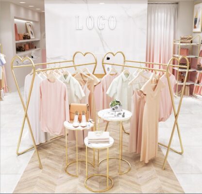 Купить Clothing store double row middle island racks Commercial Furniture floor type window display rack children's clothes stores gold coat hanger