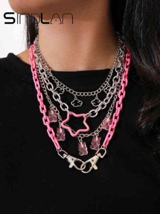 Купить Pendant Punk Necklace Set for Women Chain with Gift Sier Color Cloud Cute Funny Kpop Pink Bear Y2k Emo Female Handmade Jewelry