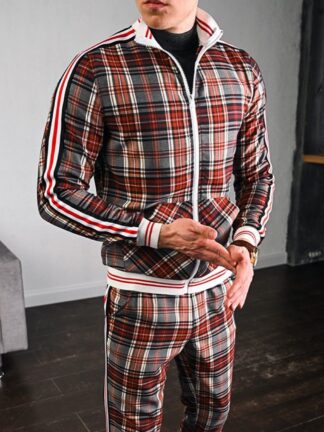 Купить fashionable check printed tracksuit men's casual sports trousers xxxl printing autumn zipper jacket 2pcs suit
