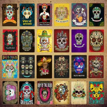 Купить Mexican Culture Decor Day Of The Dead Vintage Plaque Sugar Skull Metal Poster Iron Painting Wall Sticker Retro Tin Signs YI-1721