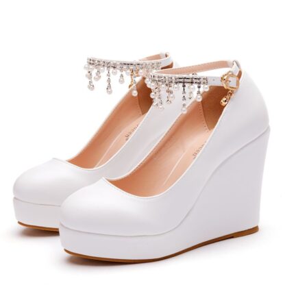 Купить White round head waterproof platform women's shoes Pearl Beaded tassel slope heel high heels