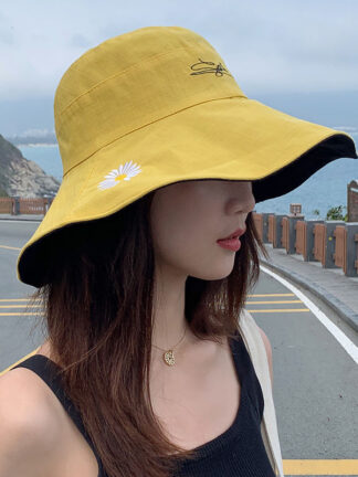 Купить Daisy fisherman hats woman summer day big brim with double-sided sunshade sun hat sunscreen hat can be worn on both two sides