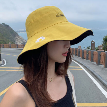 Купить Daisy fisherman hats woman summer day big brim with double-sided sunshade sun hat sunscreen hat can be worn on both two sides