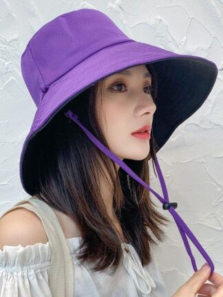 Купить New Fashion Wide Brim Hats Women Summer Fisherman's Cap Solid Color Double Sided Sunscreen With Wind Rope Anti UV Big Bucket Hat C188