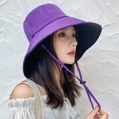 Купить New Fashion Wide Brim Hats Women Summer Fisherman's Cap Solid Color Double Sided Sunscreen With Wind Rope Anti UV Big Bucket Hat C188