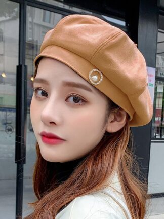 Купить Berets Spring And Autumn Women's Korean Beret Octagonal Hat Fashion Pure Color Wild Pearl Pumpkin Warm