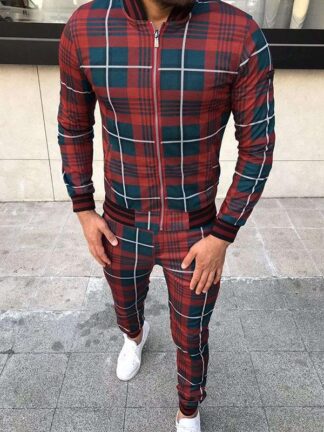 Купить stylish plaid print tracksuit men's casual sports trousers 3D printing autumn thin zipper jacket suit