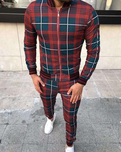 Купить stylish plaid print tracksuit men's casual sports trousers 3D printing autumn thin zipper jacket suit