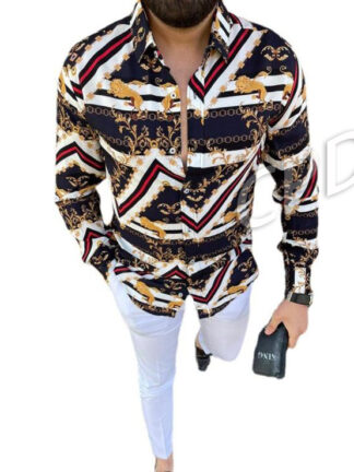 Купить Print Men Blouses Retro Top Blouse With Long Sleeve classical Shirts Casual Male Clothing lapel Commuter shirt