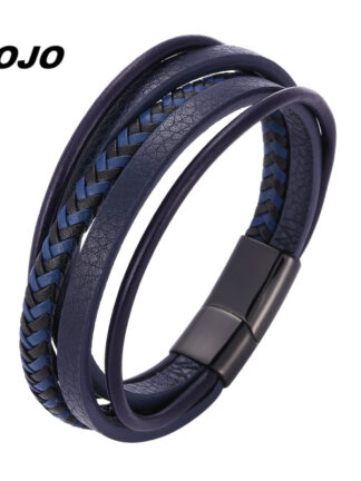 Купить New Fashion Multilayer Blue Leather Cuff Bracelets with Stainless Steel Magnetic Buckle