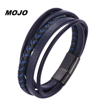 Купить New Fashion Multilayer Blue Leather Cuff Bracelets with Stainless Steel Magnetic Buckle