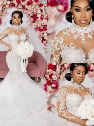 Купить 2022 Modest Mermaid Wedding Dresses Long Sleeves Bridal Gown Beaded Crystals High Neck Lace Applique Sweep Train Custom African Plus Size vestido de novia BC11162