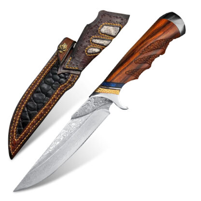 Купить Handmade Damascus Steel Hunting Knife Camping Survival Self Defense Knife Military Tactical Combat Knives Wood Handle With Leather Sheath Jungle Adventure Tools