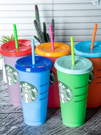 Купить High quality photo 24 oz color changing glass plastic drink juice cup with lips and straw magic coffee cup custom Starbucks plastic cup