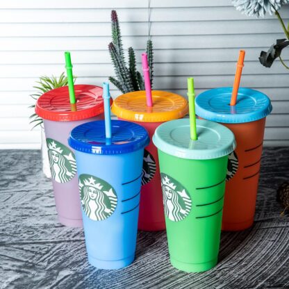Купить High quality photo 24 oz color changing glass plastic drink juice cup with lips and straw magic coffee cup custom Starbucks plastic cup