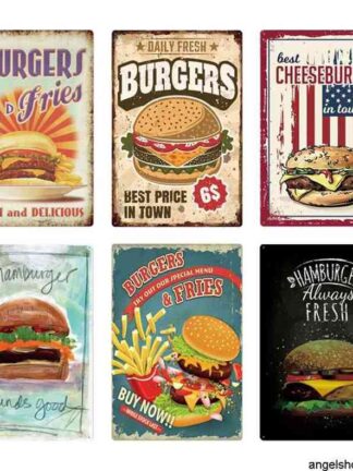 Купить Hamburger Plaque Vintage Fast Food Resturant Tin Wall Decor for Kitchen Cafe Diner Bar Burger Metal Signs 20x30ca