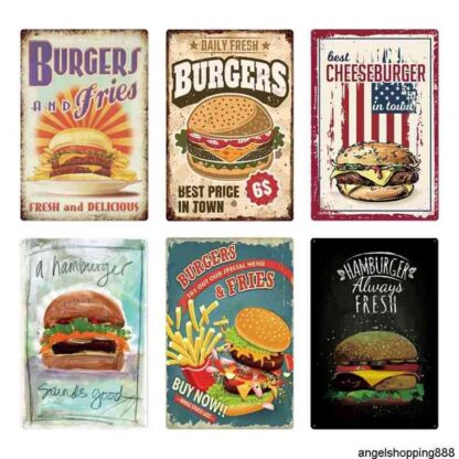 Купить Hamburger Plaque Vintage Fast Food Resturant Tin Wall Decor for Kitchen Cafe Diner Bar Burger Metal Signs 20x30ca