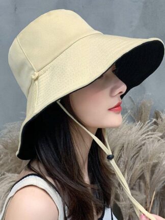 Купить Wide Brim Hats Women Summer Fisherman's Cap Solid Color Double Sided Sunscreen With Wind Rope Anti UV Big Bucket Hat C188