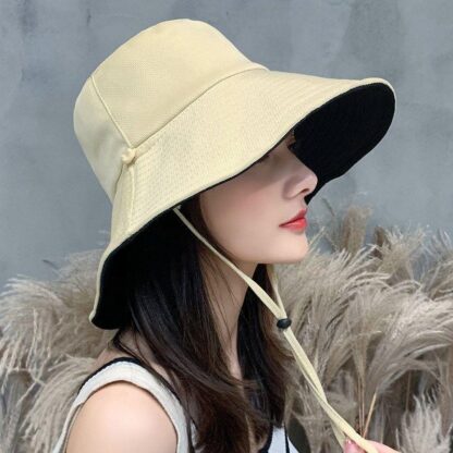 Купить Wide Brim Hats Women Summer Fisherman's Cap Solid Color Double Sided Sunscreen With Wind Rope Anti UV Big Bucket Hat C188