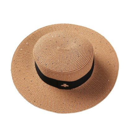 Купить New Fashion Wide Brim Hats Ladies Sun Boater Flat Small Bee Sequins Straw Hat Retro Gold Braided Female Sunshade Shine Cap RH