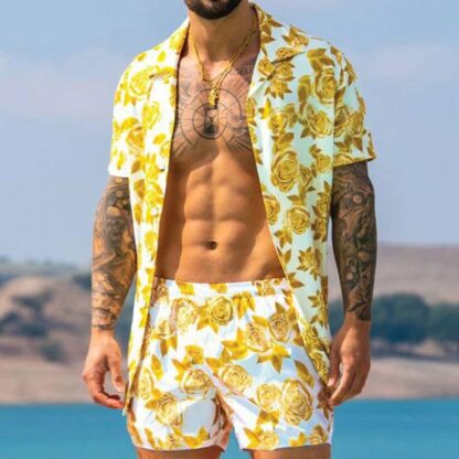 Купить Fashion Men Summer Tracksuits Hawaii Short Sleeve Printing Blouse Shirt Tops Shorts Sets Clothes Pink Yellow Black