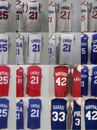 Купить Men Basketball Joel Embiid Jerseys 21 Ben Simmons 25 Al Horford 42 Tobias Harris 33 Team Color Blue WHite Red Beige High/Top