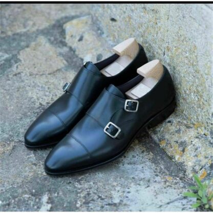 Купить Black PU Classic Three Segment Double Button Fashion Business Shoes Low Heel Pointed Men Dress Wedding Bridegroom Full Match DH394