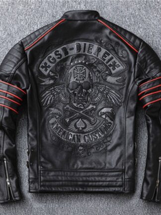 Купить Wholesale Motorcycle Rider Jacket Mens Leather Jacke Man's Genuine Cowhide Embroidery Skull Leather Jackets Slim Coat