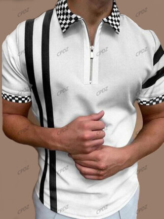 Купить Fashion zipper lapel mens polos shirts printing Tactical Golf grid polo shirt Tees Short sleeve T-Shirts designer Loose casual black white t shirt luxe Tops for men
